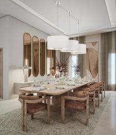 a dining room table with six chairs and a chandelier hanging from the ceiling