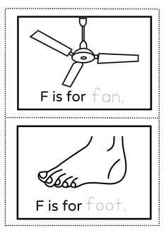 two pictures with the words f is for foot and an image of a hand holding a fan