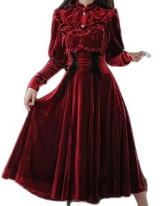 Gothic Velvet Dress For Winter, Gothic Velvet Dress For Fall, Red Velvet Long Sleeve Dress For Fall, Victorian Formal Dresses For Fall, Elegant Victorian Dress For Winter Formal, Red Vintage Victorian Dress For Formal Occasions, Vintage Dress For Fall Costume Party, Red Fitted Velvet Dress For Fall, Fall Vintage Dress For Costume Party