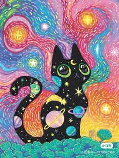 a black cat sitting on top of a lush green field under a night sky filled with stars and planets