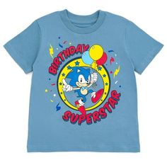 Celebrate your special day in this stylish Sonic the Hedgehog birthday shirt! This cute short sleeve tee features the words "Birthday Superstar" and colorful artwork of your kid's favorite speedy video game character holding birthday balloons. Dressed in this soft and comfy Sega Sonic the Hedgehog tshirt, your little gamer is ready for an exciting birthday adventure! Size: 5.  Color: Blue.  Gender: male.  Age Group: kids. Sonic Hedgehog Birthday Shirts, Hedgehog Birthday, Boy Activewear, Kids Clothes Boys, Colorful Artwork, Cute Shorts, Video Game Characters, Big Boys, Favorite Child