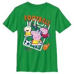 Join Peppa and her family and friends for adventures, friendships, learning, and more, with fun new officially licensed apparel for the whole family from the long-running British animated children's series Peppa Pig! This cute Peppa Pig Football Players Boys' Graphic T-Shirt features Peppa, George Pig, and Suzy Sheep ready to play football while surrounded by a ball, whistle, foam hand, and sports shoes. Get your very own Peppa Pig tee today and get in on the fun! Fun Sports T-shirt With Short Sleeves, Short Sleeve T-shirt With Character Print, Fun Sports Short Sleeve T-shirt, Fun Sports T-shirt Short Sleeve, Crew Neck T-shirt With Character Print For Playtime, George Pig Dinosaur, Playful Short Sleeve Sports T-shirt, Character Print Crew Neck T-shirt For Playtime, Green Character Print T-shirt For Playtime