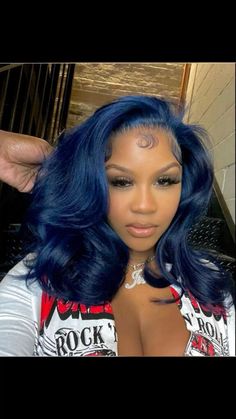 Blue Wig Styles For Black Women, Blue And Black Lace Front Wig, Outfits With Blue Hair Black Women, Navy Blue Lace Front Wig, Blue Wig Install Black Women, Navy Blue Wigs For Black Women, Navy Blue Hair Black Women, Blue Weave Hairstyles, Blue Hair Outfit Style Clothes