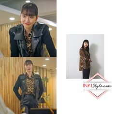 three pictures of people in different outfits and one is wearing a leopard print shirt, the other has a black leather jacket