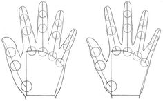 two hands are shown with circles on the fingers and one hand is drawn in pencil