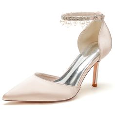 Shop Champagne Satin Pointed Toe Stiletto Heel Pearl Tassle Ankle Strap Pumps Wedding Shoes color Champagne for Anniversary, Going out, Hanging out with worldwide Free shipping & Free return. Ivory Heels Wedding, Navy Blue Wedding Shoes, Colorful Wedding Shoes, Navy Wedding Shoes, Kitten Heel Wedding Shoes, Wedding Shoes High Heels, Cheetah Print Shoes, Bridal Shoes Low Heel, Silver Sparkly Heels