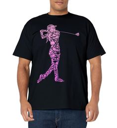 a man wearing a t - shirt with the word golf printed on it in pink