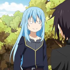 two anime characters standing next to each other in front of some trees and bushes, one with blue hair