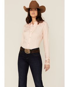 Wrangler Women's Pink Embroidered Cuff Western Snap Shirt, Pink Workwear Blouse With Embroidered Cuffs, Embroidered Cuffs Blouse For Workwear, Fitted Long Sleeve Shirt With Embroidered Cuffs, Western Style Long Sleeve Pink Tops, Embroidered Button-up Western Tops, Western Style Embroidered Button-up Top, Fitted Embroidered Shirt For Work, Fitted Floral Embroidery Shirt For Workwear, Pink Embroidered Button-up Blouse