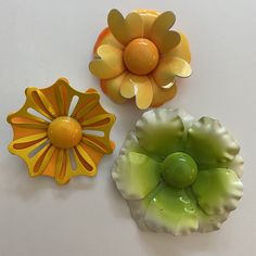 Lot of three in preowned vintage condition with some small chips to paint.  Largest measures approximately 2.75" across Vintage Yellow Flower Brooch, Vintage Spring Brooches, Enamel Flower, Pin Jewelry, Floral Jewellery, Flower Brooch, Flower Jewellery, Vintage Flowers, Brooch Pin