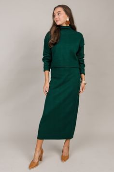 Shelby Sweater Set, Dark Green True Winter Color Palette, Kelly Green Sweater, Midi Sweater Skirt, Sweater And Skirt, Midi Skirt Set, Sweater Skirt Set, Green Turtleneck, Knit Midi Skirt, Blue Door