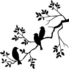 two birds sitting on the branch of a tree, one is black and white with leaves