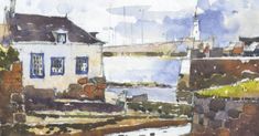 a watercolor painting of a house next to a river