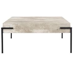 a concrete coffee table with black metal legs on an isolated white background, viewed from the front