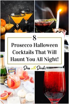 Collage of 4 prosecco halloween cocktails. Halloween Cocktails Punch, Easy Halloween Cocktails, Fun Halloween Drinks, Halloween Party Punch, Prosecco Cocktail Recipes, Halloween Themed Drinks, Halloween Recipes Drinks