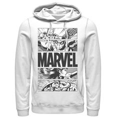 a white hoodie with the words marvel printed on it and an image of comic characters