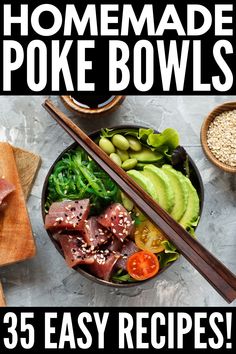 a bowl filled with meat and vegetables next to chopsticks