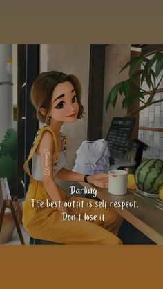 a woman sitting at a table with a cup in front of her and the caption that reads, dating the best outfit is self respect don't lose it