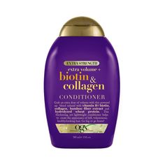 OGX Extra Strength Biotin and Collagen Conditioner is a volume-creating powerhouse with an extra helping of vitamins and proteins to pump up flat strands. Extra body doesn't mean extra weight with a thickening, sulfate-free surfactant blend of nourishing ingredients for full, voluminous hair. Biotin, or vitamin B7, is crucial for skin, nail, and hair health. Paired with collagen, this blend helps nourish hair for a full, healthy look. Be ready for a night out with extra strength conditioning des Ogx Biotin And Collagen, Ogx Conditioner, Fine Hair Volume, Biotin And Collagen Shampoo, Straight Or Curly Hair, Vitamin B7, Biotin Hair, Cherry Girl, Work Makeup