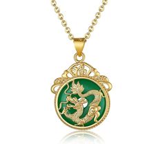 Unlock the power of positive energy with our Natural Jade Dragon Pendant Necklace, a stunning lucky charm crafted for protection and prosperity. This exquisite pendant offers: - Genuine jade for authentic beauty and rich symbolism - Luxurious gold-filled chain, perfect for everyday wear - Personalization options to layer and create a meaningful gift! Premium Quality: A gold-inlaid jade pendant is crafted from high-quality materials and features intricate carving. The jade has impressive hardness, wear resistance, and abrasion resistance, showcasing the noble temperament and unique beauty of genuine gemstones. Distinctive Design: This pendant combines traditional Chinese symbols of "fu" (fortune) and the Dragon, symbolizing good luck and happiness. The Dragon and Phoenix motif, along with t Luxury Jade Jewelry For Anniversary, Jade Jewelry With Polished Finish For Anniversary, Exquisite Jade Jewelry For Anniversary, Polished May Birthstone Jewelry For Weddings, Jade Round Pendant For Wedding, Anniversary Jade Jewelry With Polished Finish, Anniversary Jade Jewelry, Anniversary Jewelry In Polished Jade, Gold Aquamarine Round Jewelry