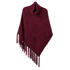 From restaurants to outdoor events to airplane travel, this cowl neck poncho is just the ticket for cozy comfort when on the go. Made of super-soft burgundy chenille fabric with a flattering drape and asymmetrical fringe along one side, this stylish poncho in a one-size-fits-all design is the perfect addition to any ensemble. Britt's Knits poncho makes a chic yet cozy winter weather gift for mom, friend, sister and more. | Britt's Knits wine cowl neck poncho features soft chenille fabric and fri Winter Poncho In One Size, One Size Winter Poncho In Solid Color, One Size Winter Poncho, Winter Soft Knit Poncho One Size, Cozy Solid Poncho For Winter, Cozy Poncho For Winter, Cozy Soft Knit Winter Poncho, Cozy Solid Color Poncho For Fall, Cozy Shawl Poncho For Winter