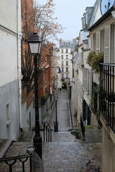 an alleyway with stone steps leading to buildings