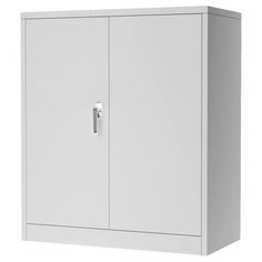 a white cabinet with two doors on one side and a handle on the other end