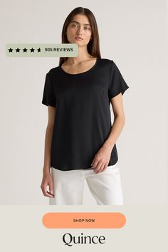 We love to luxe up an everyday look. This classic tee is made from washable silk, with a bit of stretch for the perfect fit. The crew neck and tulip hem gives it a little curvature for a more premium look. The washable silk makes this top super easy to care for. Plus, silk fiber contains 18 kinds of amino acids that make it amazing for skin nourishment, hypo-allergenic, and naturally thermoregulating to help maintain body temperature.  | Quince | Women's 100% Washable Silk Stretch T-Shirt in Black, Size XS Elegant Spring T-shirt For Everyday, Relaxed Fit Everyday T-shirt, Elegant Scoop Neck Top For Everyday, Elegant Spring T-shirt, Sleek Short Sleeve Summer Tops, Elegant Stretch T-shirt With Scoop Neck, Elegant Crew Neck Top With Relaxed Fit, Classic Scoop Neck Top For Workwear, Elegant Relaxed Fit T-shirt For Everyday