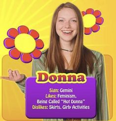 a woman holding a sign that says donna with flowers above her head and the caption below it