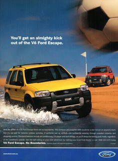 an advertisement for the ford explorer sport utility vehicle, featuring two cars in front of a soccer ball