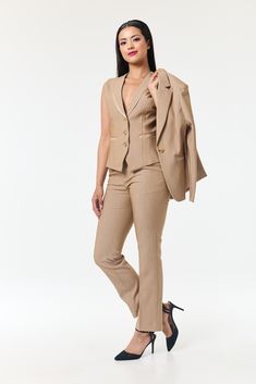 Make a bold statement with this classy suit. It exudes professionalism and style when you need it with the trousers and waistcoat, or go for a completely different look with the blazer. Team with your favourite heels and prepare for the compliments to roll in! Soft, luxurious beige fabric 3-piece suit - trouser, waistcoat and jacket Matching top available Material Coposition: 97.9% Polyester 2.1% Spandex Care: Dry Clean Recommended  ‚  ‚ Classy Suits, Trouser Suit, Womens Suits, Beige Fabric, 3 Piece Suits, Suit Shop, Trouser Suits, Matching Top, Clothing Items