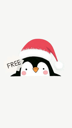 a penguin wearing a santa hat and holding a sign with the word free on it