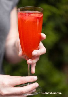 a person holding a wine glass with red liquid in it and green trees in the background