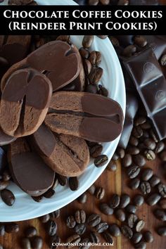 chocolate coffee cookies on a white plate surrounded by coffee beans with text overlay that reads chocolate coffee cookies reindeer print cookies