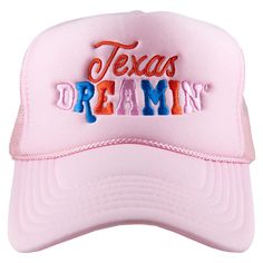 Introducing the Texas Dreamin' Foam Trucker Hat! This fun and eye-catching hat is perfect for any Texan girl. It features the phrase "Texas Dreamin'" in a fun font, and has a mesh back for breathability. Perfect for when they're out on the ranch or just cruising around town. 65% cotton, 35% polyester machine wash delicate or hand wash one size fits most adjustable back mesh netting snapback closure Katydid Wholesale offers an extensive selection of wholesale hats with over 1000 varieties to choo Novelty Pink Hat With Letter Print, Pink Novelty Hat With Letter Print, Fun Pink Trucker Hat With Letter Print, Fun Mesh Trucker Hat Baseball Cap, Trendy Mesh Trucker Hat With Letter Print, Trendy Mesh Hat For Spring, Pink Fun Hats With Letter Print, Fun Pink Hats With Letter Print, Novelty Pink Trucker Hat For Spring