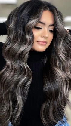 Black And Ash Blonde Hair Highlights, Dark Hair Peek A Boo Highlights, Hair Dye To Blend Grey, Soft Black With Highlights, Dark Black Brown Hair With Highlights, Dark Balayage With Highlights, Black Hair With Lots Of Blonde Highlights, Black Hair Bottom Highlights, Dark Hair With Highlights 2023