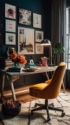 a desk with a chair and pictures on the wall