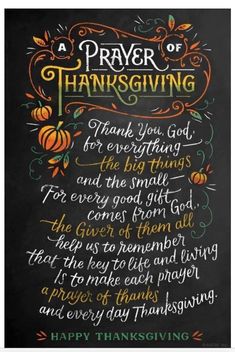 a chalkboard with the words prayer for thanksgiving written in orange, green and yellow