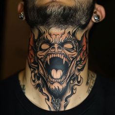 Throat Tattoos For Men Tattoo Art Collection Tattoo Throat Men, Demon Throat Tattoo, Men’s Throat Tattoo Ideas, Owl Throat Tattoo Men, Men’s Throat Tattoos, Moth Throat Tattoo Men, Throat Tattoo Men Design, Horror Throat Tattoo, Rose Throat Tattoo Men