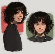 two drawings of women with short hair and black clothing, one is wearing a necklace