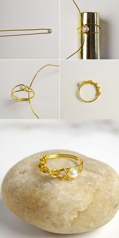 four different views of gold jewelry on a white surface, including two rings and one ring with pearls