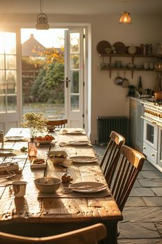 a wooden table with plates and bowls on it in front of an open kitchen door