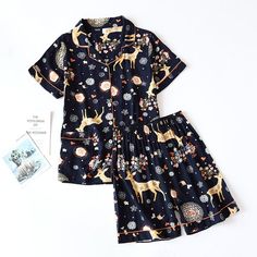 The Floral Print Original Pajamas 2 Piece Pyjama SetGold Deers Shorts / XL Ladies Pajamas, Pajama Pattern, Large Floral Print, Clothing Factory, Pajama Suit, Comfortable Pajamas, Floral Pajamas, Summer Pajamas, Sleepwear Sets