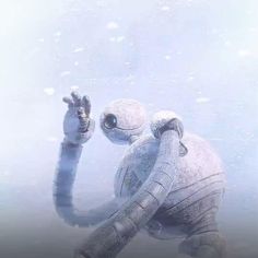 an alien like creature is standing in the snow with his hands up and eyes wide open