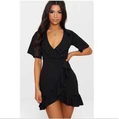 Prettylittlething Nwt! Black Frill Detail Wrap Dress Size 6 Measures Approximately: Armpit 16 Inch Waist 14 Inch Length 33.5 Inch Flirty V-neck Bodycon Dress For Day Out, Date Night Bodycon Dress With Ruffle Hem, Knee-length Bodycon Dress With Ruffle Hem For Night Out, Knee-length Mini Dress With Ruffle Hem For Night Out, V-neck Ruffled Bodycon Dress For Night Out, V-neck Ruffle Bodycon Dress For Night Out, Black Midi Length Bodycon Dress With Ruffles, Black Midi Bodycon Dress With Ruffles, Black Ruffled Bodycon Dress For Date Night