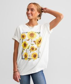 FITZ + EDDI Sunflower T-Shirt - One Size - Cream , Women's Cream Distressed graphic oversized t-shirt Bust measures 50 Body length 27 One size fits most. 100% Cotton. Machine wash cold. Do not bleach. Line dry. Iron low. Do not dry clean. Wash and dry with like colors.. Measurements: Bust -Fullest part of bust with arms at sides. Waist -Circumference of natural waist: above belly button below rib cage. Hips -Standing with feet together fullest part of hips. WOMEN'S TOP SIZE CONVERSION CHART Size