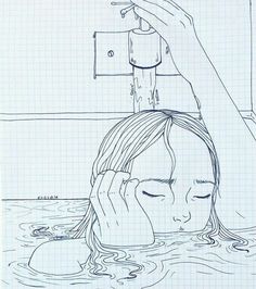 a drawing of a girl in the water with her head under a faucet