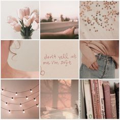 a collage with pink flowers, books and string lights