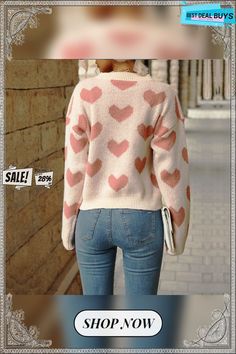 Fashionable Knitted Round Neck Casual Love Long-sleeved Pink Sweater Cute Heart-shaped Winter Sweater, Cute Winter Sweater With Heart Print, Trendy Winter Sweater With Heart Design, Cute Heart Print Winter Sweater, Trendy Heart Print Cardigan For Fall, Casual Heart Print Sweater For Winter, Casual Winter Sweater With Heart Print, Trendy Heart Print Sweater For Winter, Cute Long Sleeve Soft Knit Sweater