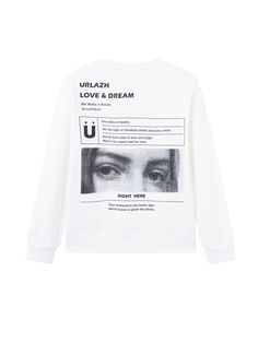 Details: Long sleeve crewneck sweatshirt in optic white 'Love & Dream' graphic printed in black on front Lord Byron graphics printed in multi on back Rib knit cuffs Slim fit Materials & Care: 100% Cotton Hand wash | Dry clean Do not bleach Size & Fit: Model is 5'7", Bust 32, Waist 24, Hips 35, wearing a size S Item #: UK4SW441B Graphic Print Crew Neck Sweater For Loungewear, Loungewear Graphic Print Crew Neck Sweater, White Crew Neck Urban Sweater, White Urban Crew Neck Sweater, Urban White Crew Neck Sweater, Oversized White Sweater With Graphic Print, Urban White Graphic Print Sweatshirt, White Graphic Print Sweatshirt For Winter, Oversized White Sweater With Text Print